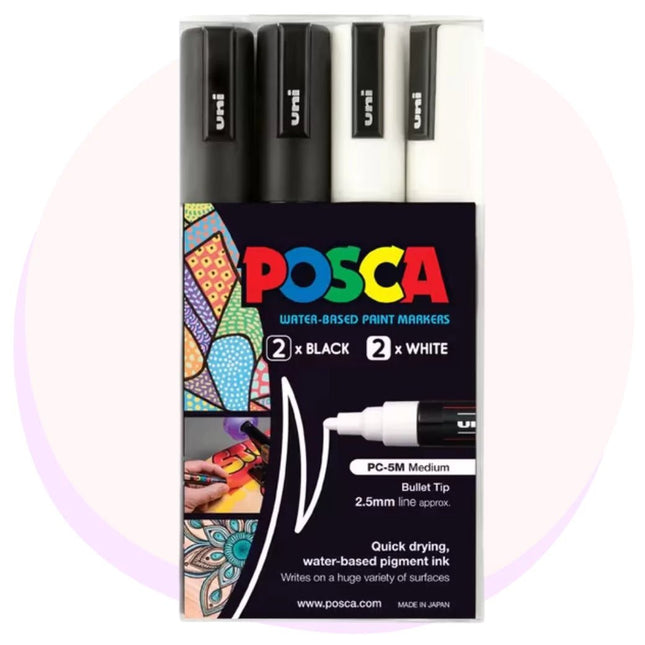 POSCA PC5M Paint Marking Pen - ΜΑΥΡΟ &amp; ΛΕΥΚΟ - 4 Συσκευασία 
