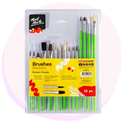 Paint Brush Set Assorted Mont Marte, art supplies, acrylic paint, school paint brush set 15 Pack