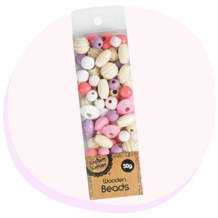 Wooded Beads Pastel Colours 50g Pack
