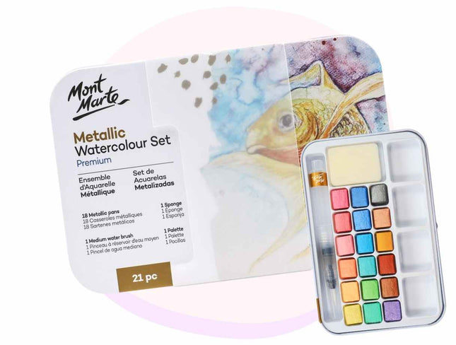 Metallic Watercolour Set in Tin 21pc Mont Marte Premium